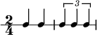 \new RhythmicStaff {
\clef percussion
\time 2/4
\set Score.tempoHideNote = ##t \tempo 4 = 100
c4 c
\tuplet 3/2 { c4 c c }
}