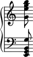 {
\override Score.TimeSignature #'stencil = ##f
{ \new PianoStaff <<
\new Staff { \clef treble <g' e'' g'' b''>8 }
\new Staff { \clef bass <e, g, b, g>8 }
>> } }