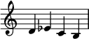 {
\override Score.TimeSignature #'stencil = ##f
\relative c' {
\clef treble
\time 4/4 d es c b
} }