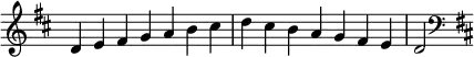 {
\omit Score.TimeSignature \relative c' {
\key d \major \time 7/4 d e fis g a b cis d cis b a g fis e d2
\clef F \key d \major
} }