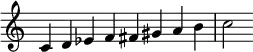 {
\override Score.TimeSignature #'stencil = ##f
\relative c' {
\clef treble \key c \major \time 8/4
c4 d es f fis gis a b c2
} }