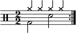 \new Staff <<
\new voice \relative c' {
\clef percussion
\numericTimeSignature
\time 2/2
\set Score.tempoHideNote = ##t \tempo 2 = 100
\stemDown \repeat volta 2 { g2 d' }
}
\new voice \relative c'' {
\override NoteHead.style = #'cross
\stemUp \repeat volta 2 { a4 a a a }
}
>>