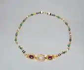 Necklace; circa 200 BC; gold, moonstone, garnet, emerald, cornelian, baroque pearl and banded agate; overall: 39.4 centimetres (15.5&nbsp;in); Cleveland Museum of Art (Cleveland)