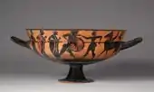Greek kylix; 575-550 BC; black-figure terracotta; diameter: 26.8&nbsp;cm, overall: 14.1&nbsp;cm; Cleveland Museum of Art (Cleveland, Ohio, USA)