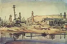 Peinture dans des tons ternes représentant un paysage avec baraques et têtes de puits en bois