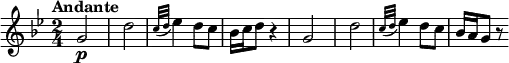 
\relative c'' { 
  \version "2.18.2"
  \key bes \major
  \tempo "Andante"
  \time 2/4
   \tempo 4 = 50
   g2\p d'
   \grace {c32 (d} ees4) d8 c
   bes16 c d8 r4
   g,2 d'
   \grace {c32 (d32} ees4) d8 c8
   bes16 a g8 r8
}
