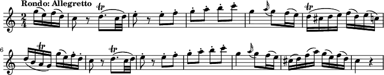 \relative c'' {
\version "2.18.2"
\key c \major
\time 2/4
\tempo "Rondo: Allegretto"
\tempo 4 = 110
\partial 4 g'16 (e) f (d)
c8 r d8.\trill (c32 d) e8-. r e-. f-.
g-. a-. b-. c-.
g4 \grace a16 (g8) f16 (e)
d16 \trill (cis d e) f (d) e (c)
d (b a \trill g) g' (e) f-. d-.
c8 r d8.\trill (c32 d) e8-. r e-. f-.
g-. a-. b-. c-.
g4 \grace a16 (g8) f16 (e)
cis16 (d) f (a) g (e) f (d)
c4 r
}