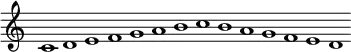 \relative c' {
\override Staff.TimeSignature.stencil=##f
c1*1/16 d e f g a b c b a g f e d }