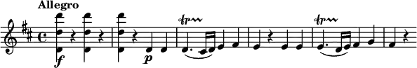 \relative c' {
\tempo "Allegro"
\version "2.18.2"
\key d \major
\tempo 4 = 120
<d d' d'>4\f r q r |
q4 r d\p d |
d4.\startTrillSpan( cis16\stopTrillSpan d) e4 fis |
e4 r e e |
e4.\startTrillSpan( d16\stopTrillSpan e) fis4 g |
fis4 r
}