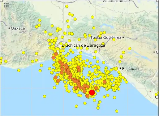 Mapa de terremotos a partir del 13 de septiembre Rojo marca terremotos sobre M w 8,0Naranja sobre M w 5,0.