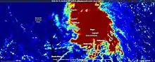 Imagen satelital que muestra áreas de cobertura de nubes asociadas con Vongfong
