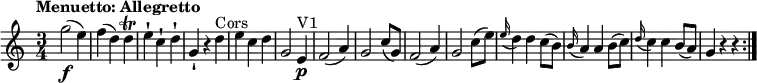 \relative c'' {
\version "2.18.2"
\key c \major
\tempo "Menuetto: Allegretto"
\time 3/4
\tempo 4 = 150
g'2\f (e4)
f (d ) d\trill
e-! c-! d-!
g,-! r4 d' ^\markup { Cors}
e c d
g,2
e4\p ^\markup { V1}
f2 (a4)
g2 c8 (g)
f2 (a4)
g2 c8 (e)
\grace e16 (d4) d c8 (b)
\grace b16 (a4) a b8 (c)
\grace d16 (c4) c b8 (a)
g4 r4 r4 \bar ":|."
}