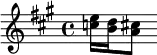 {\key a \major <e'' c''>16 <d'' b'>16 <cis'' a'>8 }