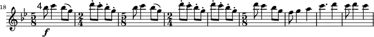 \relative c''' \new Staff {
\key bes \major \clef "treble"
\set Staff.midiInstrument = "flute"
\set Score.tempoHideNote = ##t \tempo 4 = 176
\set Score.currentBarNumber = #18 \bar ""
\mark \markup \sans 4
\time 5/8 bes8\f c4 bes8( g) | \time 2/4 d'-. c-. bes-. g-. |
\time 5/8 bes c4 bes8( g) | \time 2/4 d'-. c-. bes-. g-. | d'-. c-. bes-. g-. |
\time 5/8 d' c4 bes8 g | f8 g4 a | c4. d4 | c8 d4 c |
}