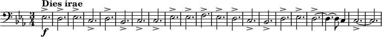 
    \relative c {
        \set Score.tempoHideNote = ##t \tempo 2 = 72
        \set Staff.midiInstrument = #"tuba"
        \set Score.currentBarNumber = #127
        \key c \minor
        \time 3/4
        \clef bass
      
        es2.->\f^\markup { \large \bold "Dies irae" }
        d->
        es->
        c->
        d->
        bes->
        c->
        c->
        es->
        es->
        f->
        es->
        d->
        c->
        bes->
        d->
        es->
        d~->
        d4.~ d8 c4
        c2.~->
        c2.
    }
