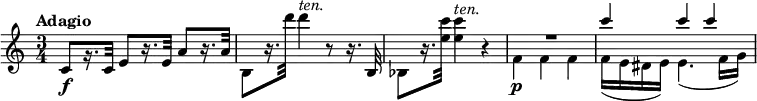 
\relative c' {
  \override Score.NonMusicalPaperColumn #'line-break-permission = ##f
  \version "2.18.2"
  \time 3/4
  \tempo "Adagio"
  \tempo 4 = 50	
   c8\f[ r16. c32] e8[ r16. e32] a8[ r16. a32] |
  b,8[ r16. d''32] d4^\markup { \italic ten. } r8 r16. b,,32 |
  bes8[ r16. <e' c'>32] q4^\markup { \italic ten. } r |
  << {\voiceOne R1*3/4 | c'4 c c | }
  \\ {\voiceTwo f,,4\p f f | f16( e dis e) e4.( f16 g) | }
  >>
}
