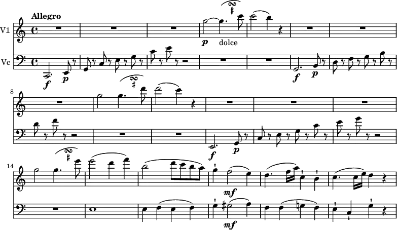 <<
\new Staff \with { instrumentName = #"V1 "} \relative c'' {
\version "2.18.2"
\key c \major
\tempo "Allegro"
\tempo 4 = 130
\time 4/4
R1 R1 R1
g'2\p ~ \transpose f g \relative c'' <<
{ f4._\markup{dolce} ( b8) }
{
s4
\once \set suggestAccidentals = ##t
\once \override AccidentalSuggestion.outside-staff-priority = ##f
\once \override AccidentalSuggestion.avoid-slur = #'inside
\once \override AccidentalSuggestion.font-size = -3
\once \override AccidentalSuggestion.script-priority = -1
\single \hideNotes
b8-\turn \noBeam
s8
} >> c2 (b4) r R1 R1 R1
g2 \transpose f g \relative c'' <<
{ f4.( c'8) }
{
s4
\once \set suggestAccidentals = ##t
\once \override AccidentalSuggestion.outside-staff-priority = ##f
\once \override AccidentalSuggestion.avoid-slur = #'inside
\once \override AccidentalSuggestion.font-size = -3
\once \override AccidentalSuggestion.script-priority = -1
\single \hideNotes
b8-\turn \noBeam
s8
} >> d'2 (c4) r R1 R1 R1
g2 \transpose f g \relative c'' <<
{ f4.( d'8) }
{
s4
\once \set suggestAccidentals = ##t
\once \override AccidentalSuggestion.outside-staff-priority = ##f
\once \override AccidentalSuggestion.avoid-slur = #'inside
\once \override AccidentalSuggestion.font-size = -3
\once \override AccidentalSuggestion.script-priority = -1
\single \hideNotes
cis8-\turn \noBeam
s8
} >> e'2 (d4 f) b,2 (d8 c b a)
g4-! f2\mf (e4)
d4. (f16 a) c,4-! b-!
c4. (c16 e) d4 r
}
\new Staff \with { instrumentName = #"Vc "} \relative c {
\key c \major
\clef "bass"
\time 4/4
c,2. \f e8\p r
g r c r e r g r
c r e r r2 R1 R1
g,,2. \f b8\p r
d r f r g r b r
d r f r r2 R1 R1
e,,2. \f g8\p r
c r e r g r c r
e r g r r2 R1
e,1 e4 f (e f) g-! gis2\mf (a4)
f f (g! f)
e-! c-! g'-! r
}
>>