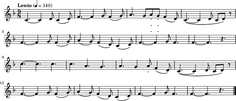 \relative c' { \key f \major \time 9/8 \tempo "Lento" 4 = 140 \set Staff.midiInstrument = #"violin"
c4. ~ c4 d8 c4 ( d8 ) | f4. ~ f4 g8 f4 ( g8 ) | a4. g8 a g f4 ( d8 ) | c4. ~ ( c4 d8 c d ) r8 |\break
f4. ~ f4 g8 f4 ( g8 ) | a4 ( g8 ) f4 ( d8 ) c4 ( d8 ) | f4. ~ f4 g8 f4.| f4. ~ f4. r4. |\break
c'4. ~ c c | c4. a4. g4. | a4. g4 a8 f4 ( d8 ) | c4. ~ ( c4 d8 c d ) r8 |\break
f4. ~ f4 g8 f4 ( g8 ) | a4 ( g8 ) f4 ( d8 ) c4 ( d8 ) | f4. ~ f4 g8 f4.| f4. ~ f4. r4. \bar "|."}
\addlyrics {
아 리 랑 아 리 랑 아 라 - - 리 요
아 리 랑 고 개 로 넘 어 간 다
나 를 버 리 고 가 시 는 임 은
십 리 도 못 가 서 발 병 난 다}
\addlyrics {
아 리 랑 아 리 랑 아 라 - - 리 요
아 리 랑 고 개 로 넘 어 간 다
청 천 하 늘 엔 별 도 - 많 고
우 리 네 가 슴 엔 꿈 도 많 다}
\addlyrics {
아 리 랑 아 리 랑 아 라 - - 리 요
아 리 랑 고 개 로 넘 어 간 다
저 기 저 산 이 백 두 산 이라 지
동 지 섣 달 에 도 꽃 만 핀 다}