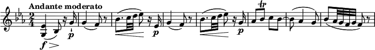 \relative c'' {
\key ees \major
\time 2/4
\tempo "Andante moderato"
\tempo 4 = 50
<g, ees'>4\f\> (bes8)\! r16 g'16-!\p
g4 (f8) r8
bes8. \< (c32 d ees8)\! r16 ees,16\p
g4 (f8) r8
bes8. \< (c32 d ees8)\! r16 g,16\p
aes8 bes\trill c bes ~
bes (aes4 g8)
bes (aes32 g f g f8) r8
}