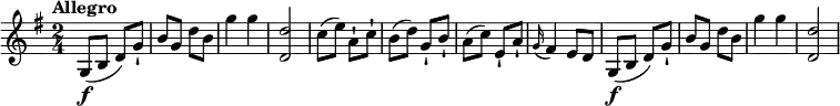 \relative c'' {
\version "2.18.2"
\key g \major
\tempo "Allegro"
\time 2/4
\tempo 4 = 150
g,8\f (b d) g-!
b g d' b
g'4 g
< d, d'>2
c'8 (e) a,-! c-!
b (d) g,-! b-!
a (c) e,-! a-!
\grace g16 (fis4) e8 d
g,8\f (b d) g-!
b g d' b
g'4 g
< d, d'>2
}