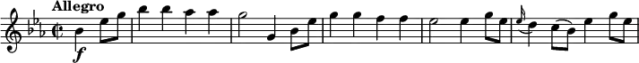 \relative c'' {
\version "2.18.2"
\key ees \major
\tempo "Allegro"
\time 2/2
\tempo 4 = 160
\partial2 bes4\f ees8 g bes4 bes aes aes g2
g,4 bes8 ees g4 g f f
ees2 ees4 g8 ees
\grace ees16 (d4) c8 (bes) ees4 g8 ees
}