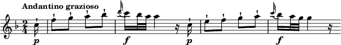 \relative c' {
\version "2.18.2"
\key f \major
\time 2/4
\tempo "Andantino grazioso"
\tempo 4 = 50
\partial 4 \partial 8 \partial 16 c'16\p-! f8-! g-! a-! bes-!
\grace d32 (c16)\f bes32 a a4 r16 c,16-!\p
e8-! f-! g-! a-!
\grace c32 (bes16)\f a32 g g4 r16
}