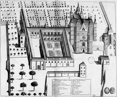 La abadía en el siglo&nbsp;XVII, según el Monasticon Gallicanum.