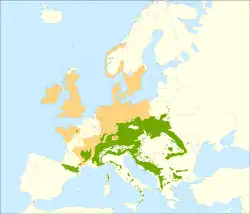 alt=Distribución del abeto común. 
:&nbsp;&nbsp;&nbsp;&nbsp; Distribución nativa.
:✖ Población aislada. 
:▲ Introducido y naturalizado.