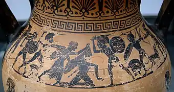 Afrodita salvando a su hijo Eneas, ánfora etrusca de figuras negras, ca. 480&nbsp;a.&nbsp;C.