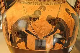 Aquiles y Áyax jugando a los dados, en un ánfora de cerámica de figuras negras de Exequias. Hacia 540&nbsp;a.&nbsp;C.