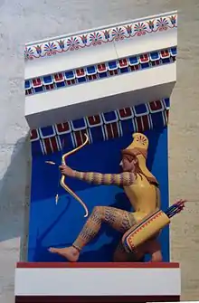 Reconstrucción de la policromía del frontón occidental del templo de Afaia en Egina. Hacia 500&nbsp;a.&nbsp;C.