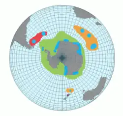 Aptenodytes forsteri Aptenodytes patagonicus patagonicus Aptenodytes patagonicus halli Aptenodytes ridgeni Zonas de cría