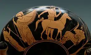 Atenea, como patrona de las artes, visita el taller de un escultor que talla un caballo en mármol (también se ha interpretado como Epeo de Focea construyendo el caballo de Troya). Kílix ático de figuras rojas (ca.&nbsp;480&nbsp;a.&nbsp;C.).