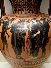 Ánfora de figuras negras donde aparecen Dioniso y Ariadna entre dos sátiros, en la Villa Getty de Malibú (hacia 510 a. C.)