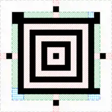 El núcleo del código Aztec completo. 40 bits están disponibles entre las marcas de orientación para los parámetros de codificación.