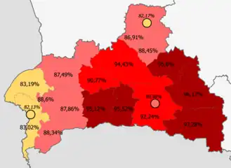 Bielorrusos en la provincia&nbsp;&nbsp;&nbsp;&nbsp;&nbsp;>95%&nbsp;&nbsp;&nbsp;&nbsp;&nbsp;90—95%&nbsp;&nbsp;&nbsp;&nbsp;&nbsp;85—90%&nbsp;&nbsp;&nbsp;&nbsp;&nbsp;<85%