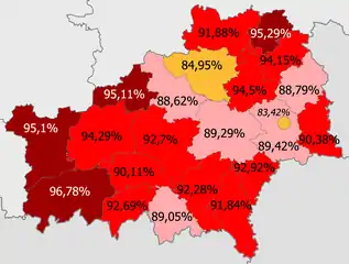 Bielorrusos en la provincia&nbsp;&nbsp;&nbsp;&nbsp;&nbsp;>95%&nbsp;&nbsp;&nbsp;&nbsp;&nbsp;90–95%&nbsp;&nbsp;&nbsp;&nbsp;&nbsp;85—90%&nbsp;&nbsp;&nbsp;&nbsp;&nbsp;<85%