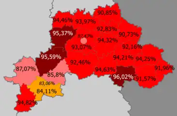 Bielorrusos en la provincia&nbsp;&nbsp;&nbsp;&nbsp;&nbsp;>95%&nbsp;&nbsp;&nbsp;&nbsp;&nbsp;90–95%&nbsp;&nbsp;&nbsp;&nbsp;&nbsp;85—90%&nbsp;&nbsp;&nbsp;&nbsp;&nbsp;<85%