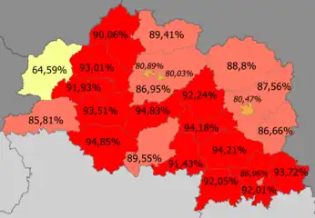 Bielorrusos en la provincia&nbsp;&nbsp;&nbsp;&nbsp;&nbsp;>90%&nbsp;&nbsp;&nbsp;&nbsp;&nbsp;85—90%&nbsp;&nbsp;&nbsp;&nbsp;&nbsp;80–85%&nbsp;&nbsp;&nbsp;&nbsp;&nbsp;<80% (64.59%)