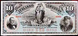 Billete de 10 pesos, emitido por el Banco Italiano del Uruguay. Con la efigie de José Garibaldi.20 de setiembre de 1887.18,4 X 8,3 cm.
