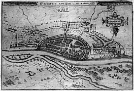 Bremen en el siglo&nbsp;XIII, todavía sin el puente Weser, el ayuntamiento y el Stephanimauer; recreación de 1603