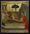 Lorenzo di Niccolò, San Lorenzo enterrado en la tumba de San Esteban, 1410–1414, témpera y dorado sobre tabla, 33 × 36&nbsp;cm