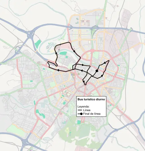 Recorrido del bus turístico diurno en la ciudad de Zaragoza.