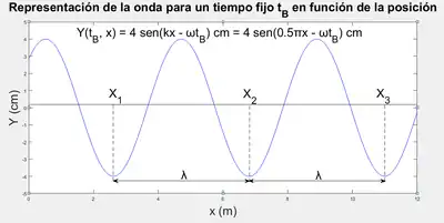 Representación de una onda sinusoidal de amplitud 4 cm y número de onda 
  
    
      
        k
        =
        0.25
        π
        &nbsp;
        r
        a
        d
        
          /
        
        m
      
    
    {\displaystyle k=0.25\pi \ rad/m}
  
 para un tiempo fijo tB en función de la posición. La longitud de onda 
  
    
      
        λ
      
    
    {\displaystyle \lambda }
  
 aparece descrita gráficamente.