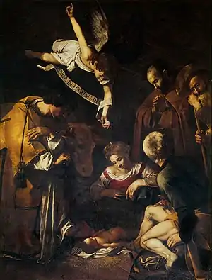 Nativity with St. Francis and St. Lawrence, Caravaggio, 1609. 268&nbsp;cm ×&nbsp;197&nbsp;cm (106&nbsp;in ×&nbsp;78&nbsp;in)