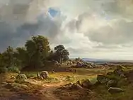 Amplio paisaje con un rebaño de ovejas
