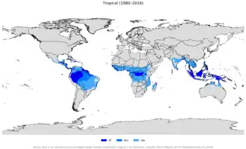alt=Localización de los climas tropicales por subtipos según la clasificación Köppen-Geiger:
Af—Clima tropical de selva o ecuatorial.
Am—Clima tropical monzónico.
Aw / As—Clima tropical de sabana.
