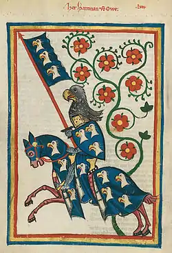 Ejemplo de Escudo, estandarte y yelmo armados del Codex Manesse de Hartmann von Aue, caballero alemán del siglo&nbsp;XIII.