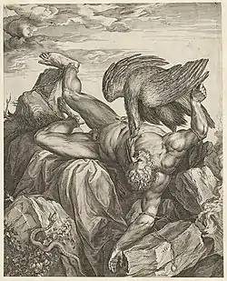 Ticio, grabado de Cornelis Cort (1566) según el diseño de Tiziano (ejemplar del grabado conservado en el Museo Nacional de Varsovia).
