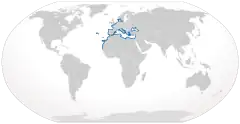 Distribución de la pastinacaBailly, Nicolas (2008). «Dasyatis pastinaca (Linnaeus, 1758)». Registro Mundial de Especies Marinas (en inglés). Consultado el 21 de agosto de 2016.